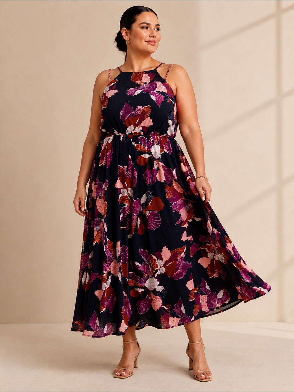Anthropologie | Tiered Halter Maxi Dress Floral Navy Pink - Size 1X